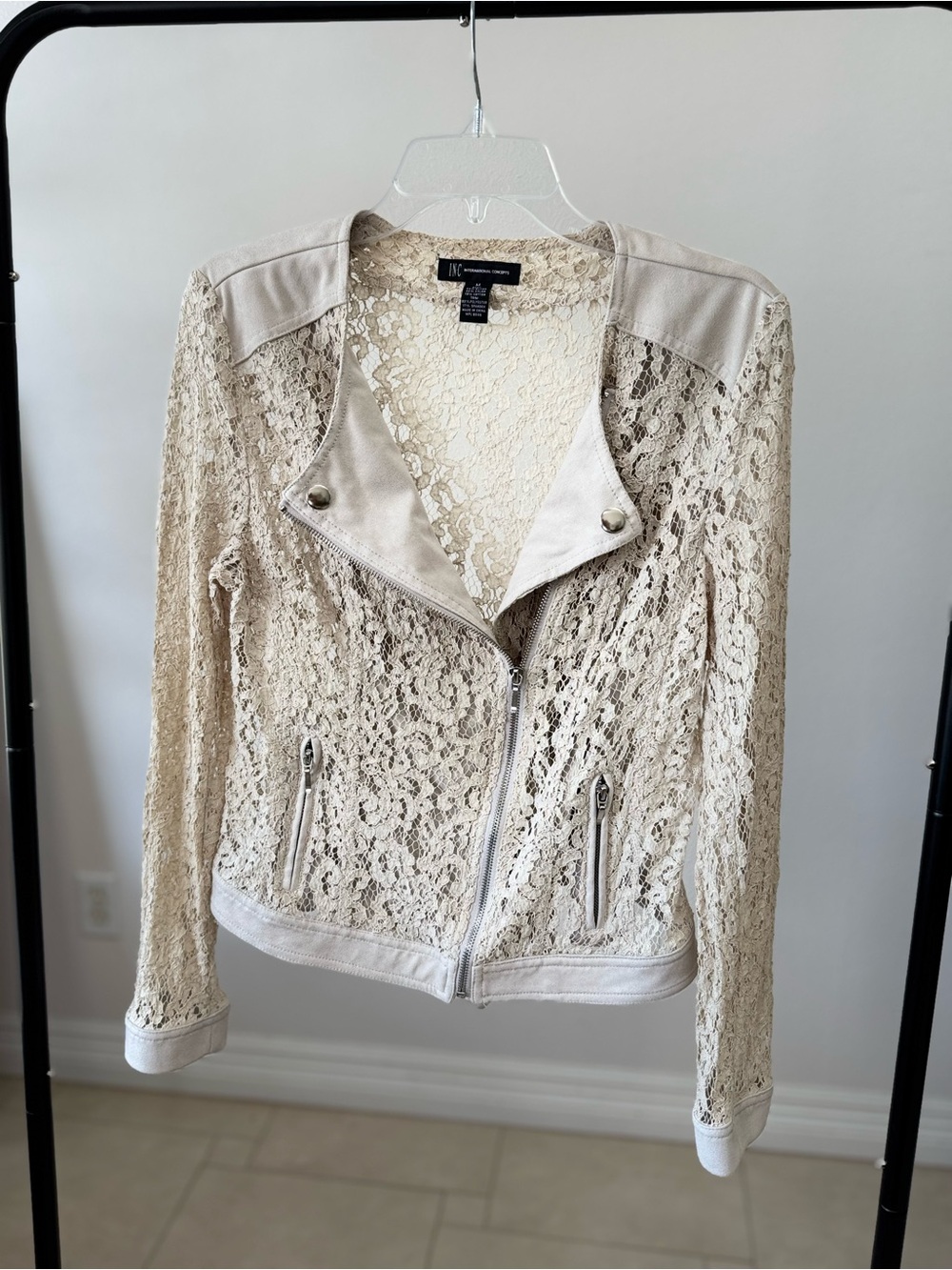 INC International Concepts Illusion Lace Moto Jacket Beige Cream Sz M Coquette
